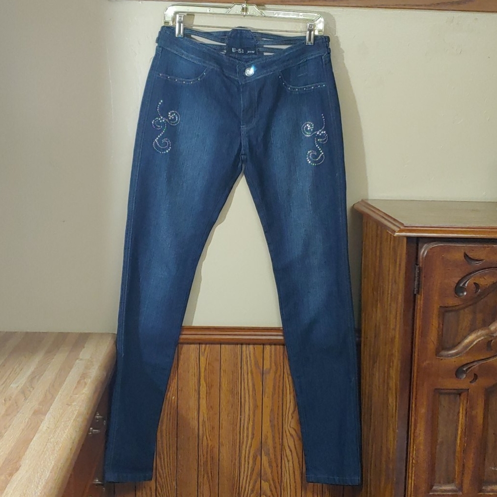 U-51 Vintage Bling Strappy Back Waist Jeans 11/12